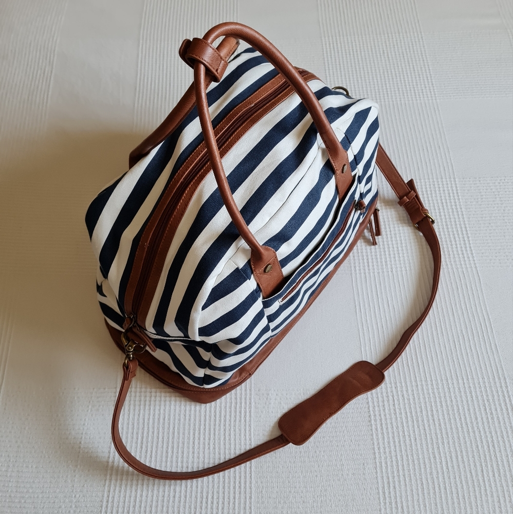 Canvas Weekender Travel Duffel Bag Shoe Compartment Navy Beige Boho Striped